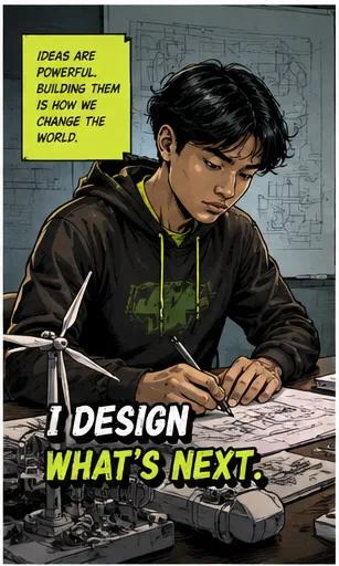 Career card reading "Ideas are powerful. Building them is how we change the world. I design what's next." A student sketches wind-turbine designs at a drafting desk.