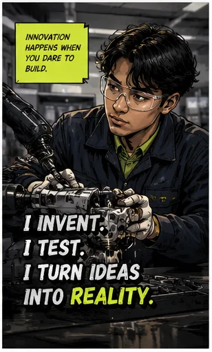 Career card reading "Innovation happens when you dare to build. I invent, I test, I turn ideas into reality." A student in safety glasses assembles robotic machinery.