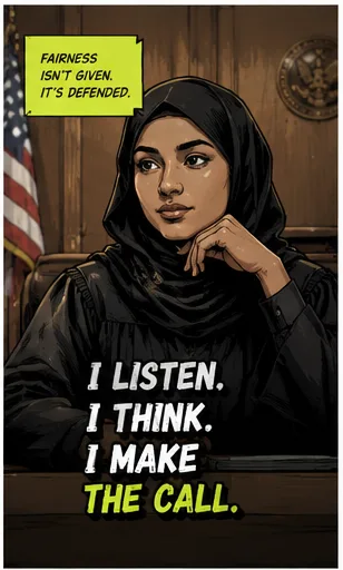 Career card reading "Fairness isn't given. It's defended. I listen, I think, I make the call." A judge in a hijab and robes sits at the bench.