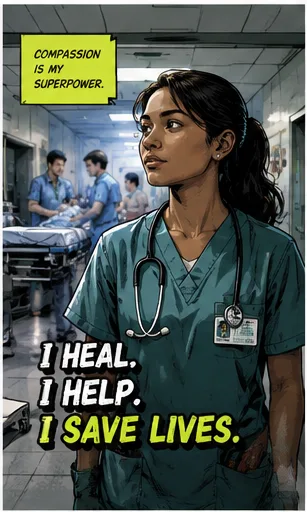 Career card reading "Compassion is my superpower. I heal, I help, I save lives." A nurse in scrubs stands in a hospital corridor with a team working behind her.