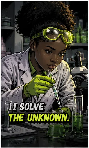 Career card reading "I solve the unknown." A student in lab goggles draws liquid into a pipette over green flasks.