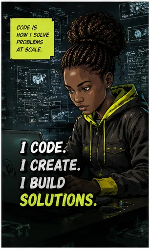 Career card reading "Code is how I solve problems at scale. I code, I create, I build solutions." A developer works at a screen of code.