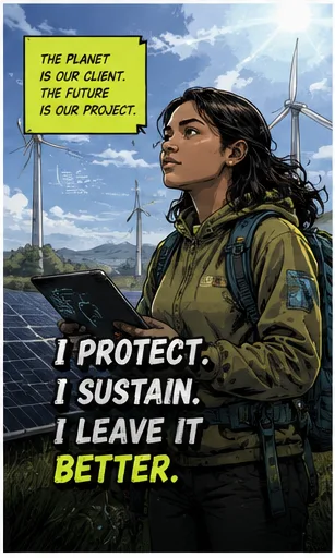 Career card reading "The planet is our client. The future is our project. I protect, I sustain, I leave it better." A student holds a tablet among wind turbines and solar panels.