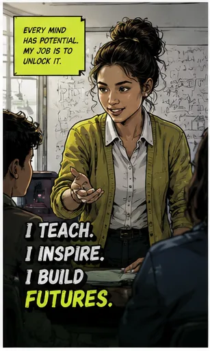 Career card reading "Every mind has potential. My job is to unlock it. I teach, I inspire, I build futures." A teacher gestures toward students at a whiteboard.