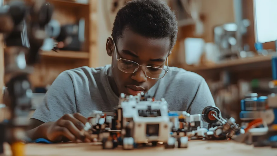 A high-school student in glasses leaning over a workbench, assembling a small robot from motors and circuit boards, with shelves of parts behind him.